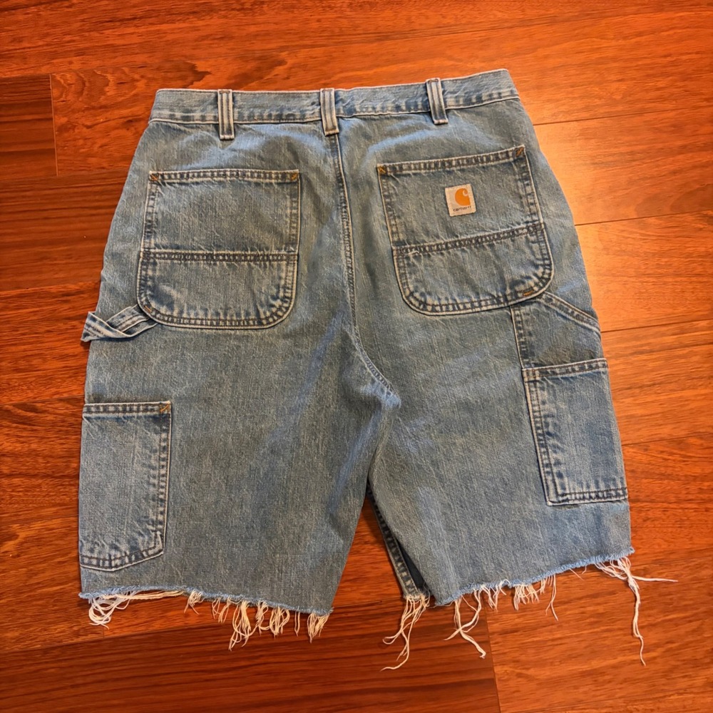 Carhartt Mens Loose Fit Carpenter Denim Shorts 32 Blue Cut Off Raw Hem Workwear